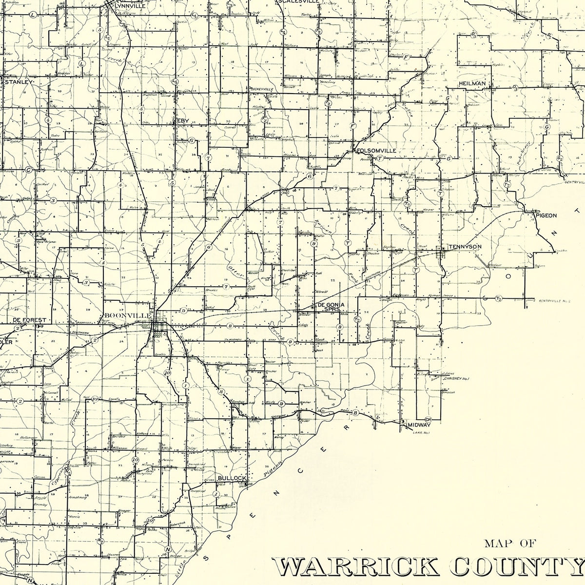 Restored historic details from the 1910 county map of Warrick County, Indiana