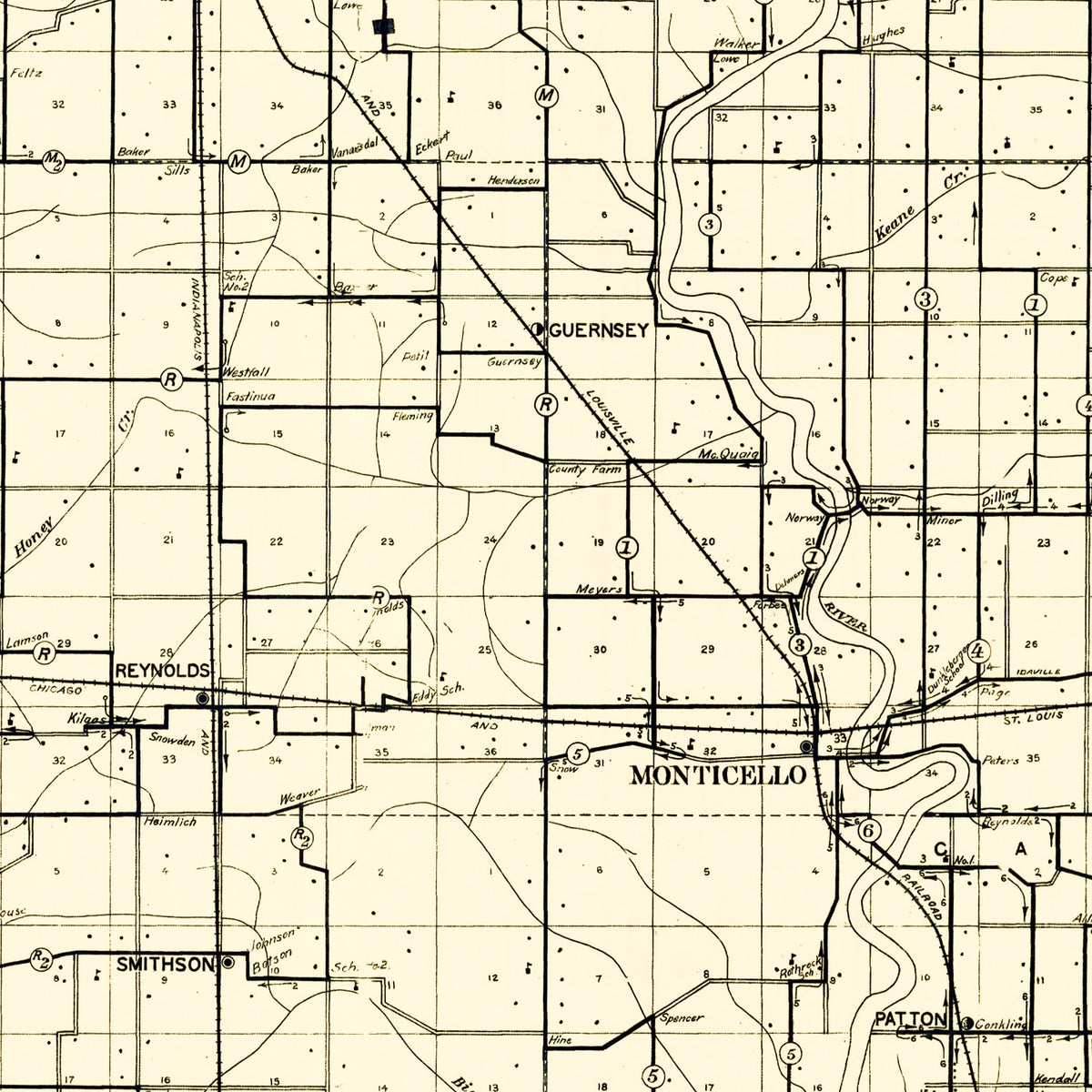 Restored historic details from the 1909 county map of White County, Indiana