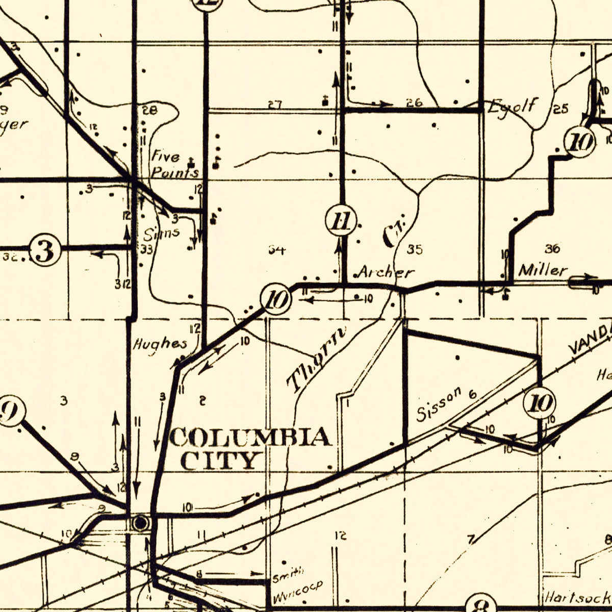 Restored historic details from the 1910 county map of Whitley County, Indiana