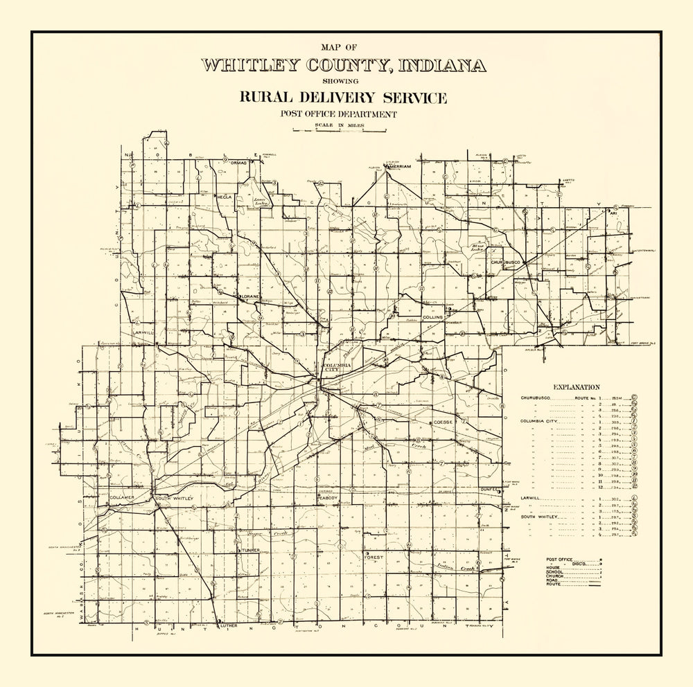 Vintage Map of Whitley County, Indiana 1910 print style example