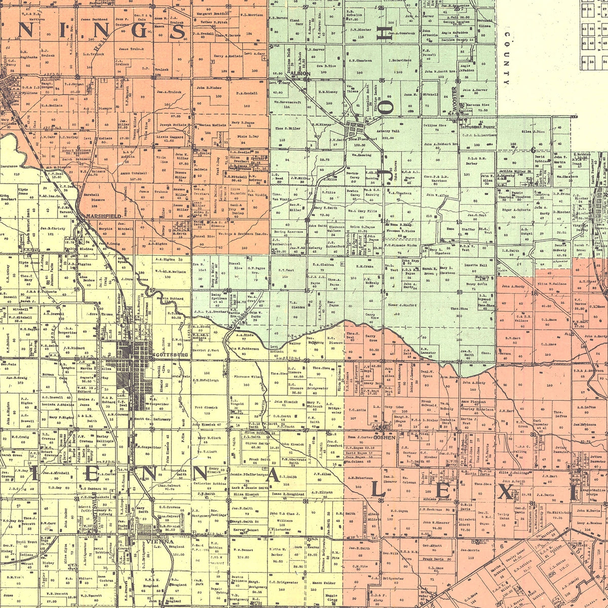 Restored historic details from the 1906 county map of Scott County, Indiana