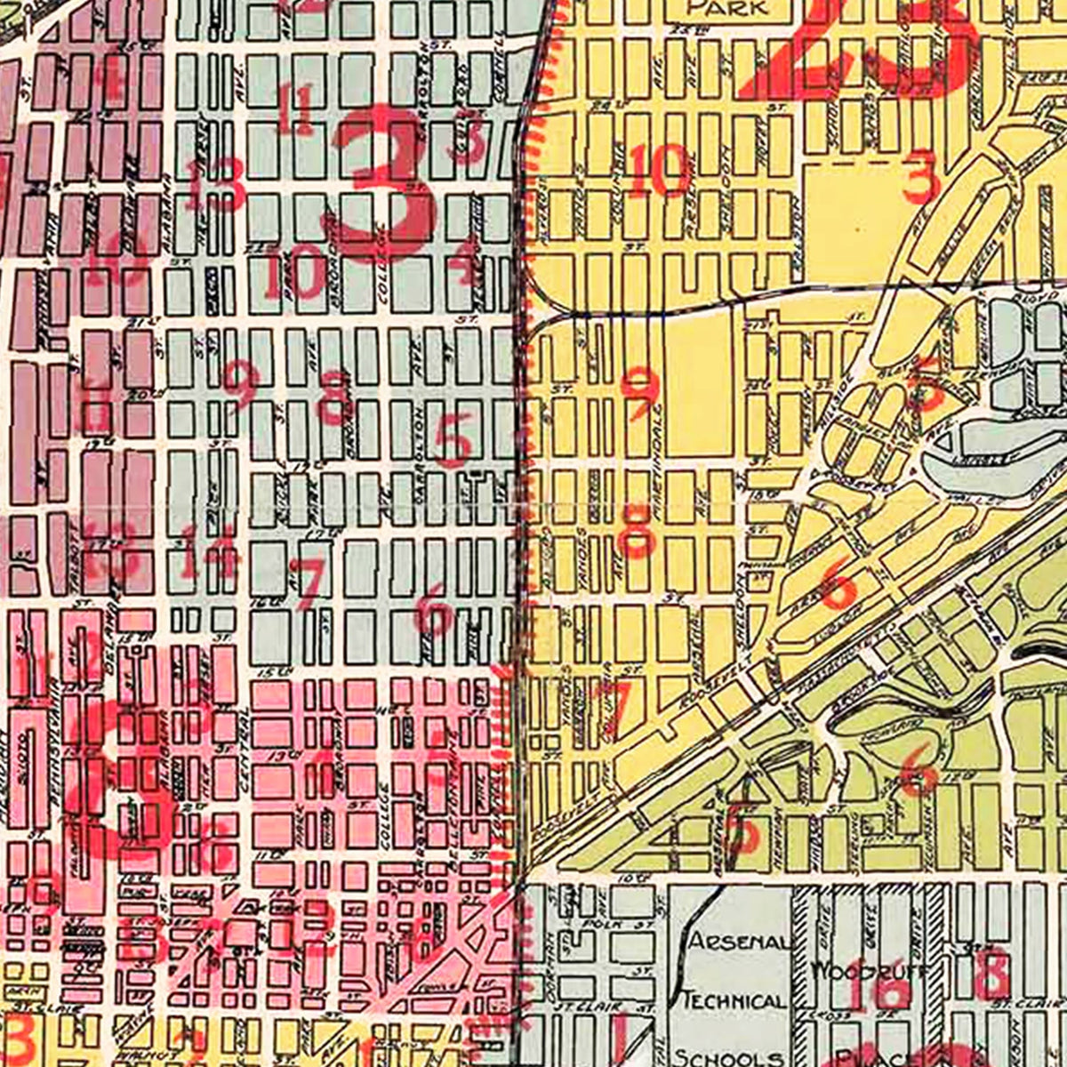 Restored historic details from the 1938 city map of Indianapolis, Indiana