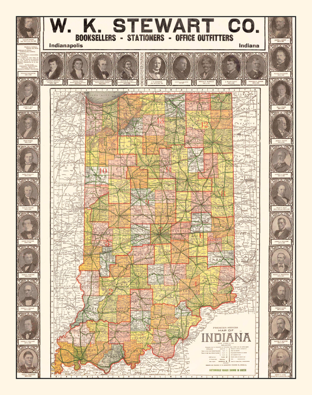 Vintage Map of Indiana 1918 print style example