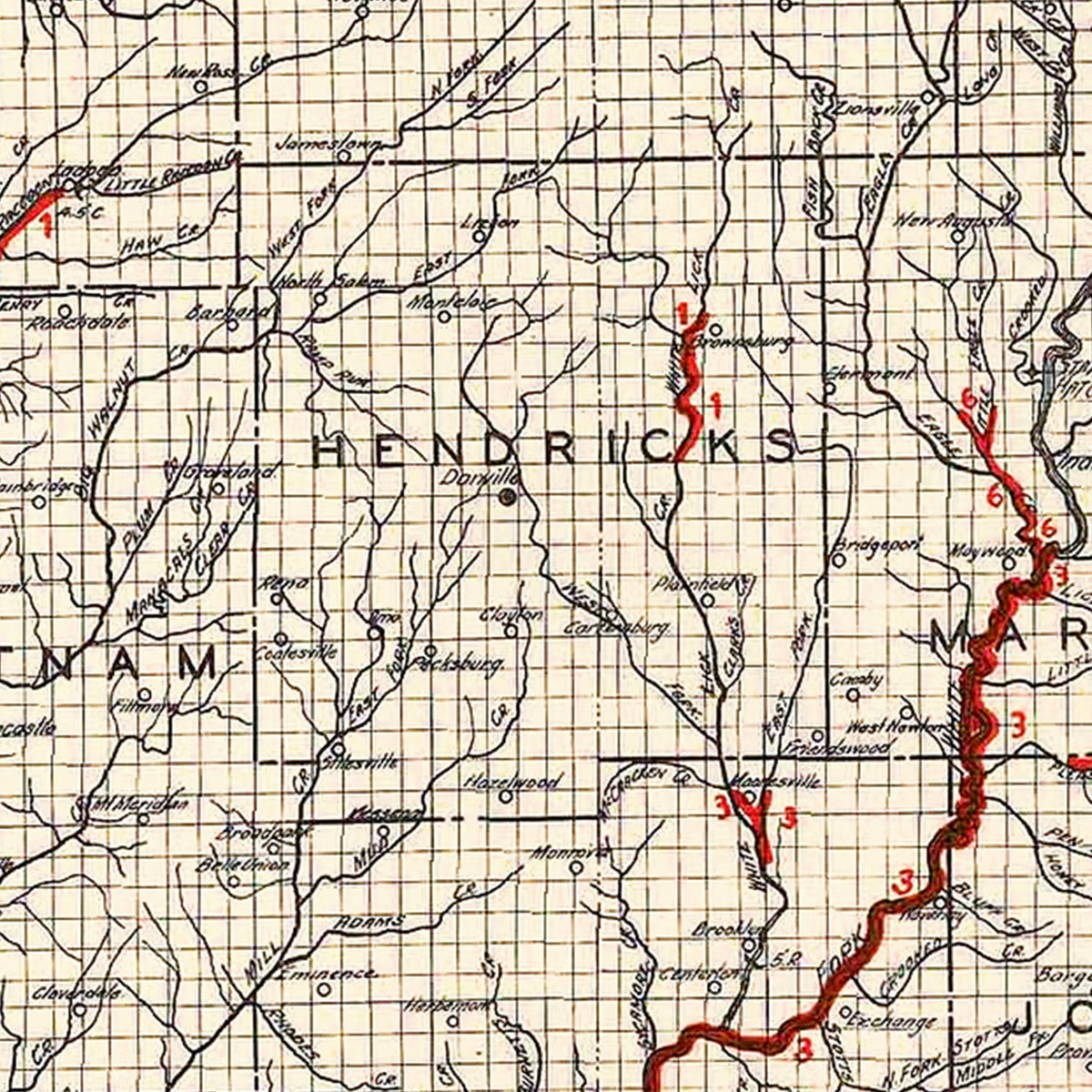 Restored historic details from the 1933 state map of County, Indiana