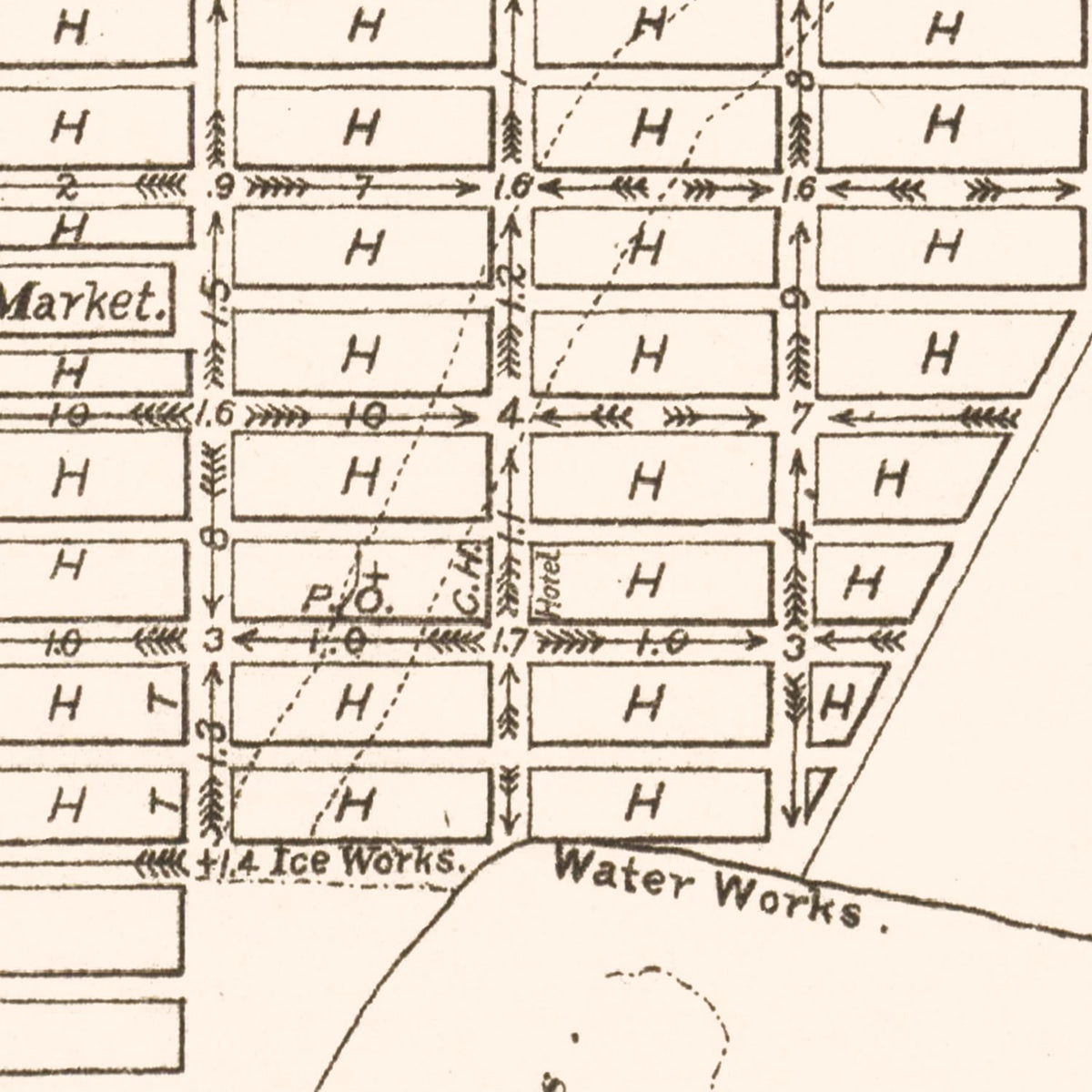 Restored historic details from the 1878 city map of Brownsville, Texas