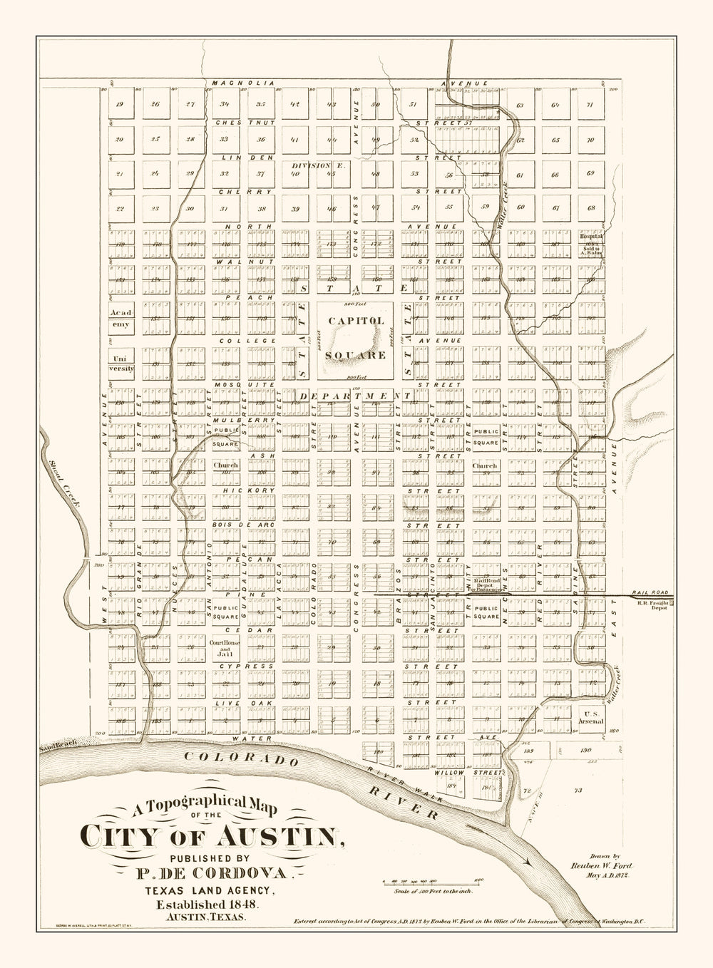 Vintage Map of Austin, Texas 1872 print style example