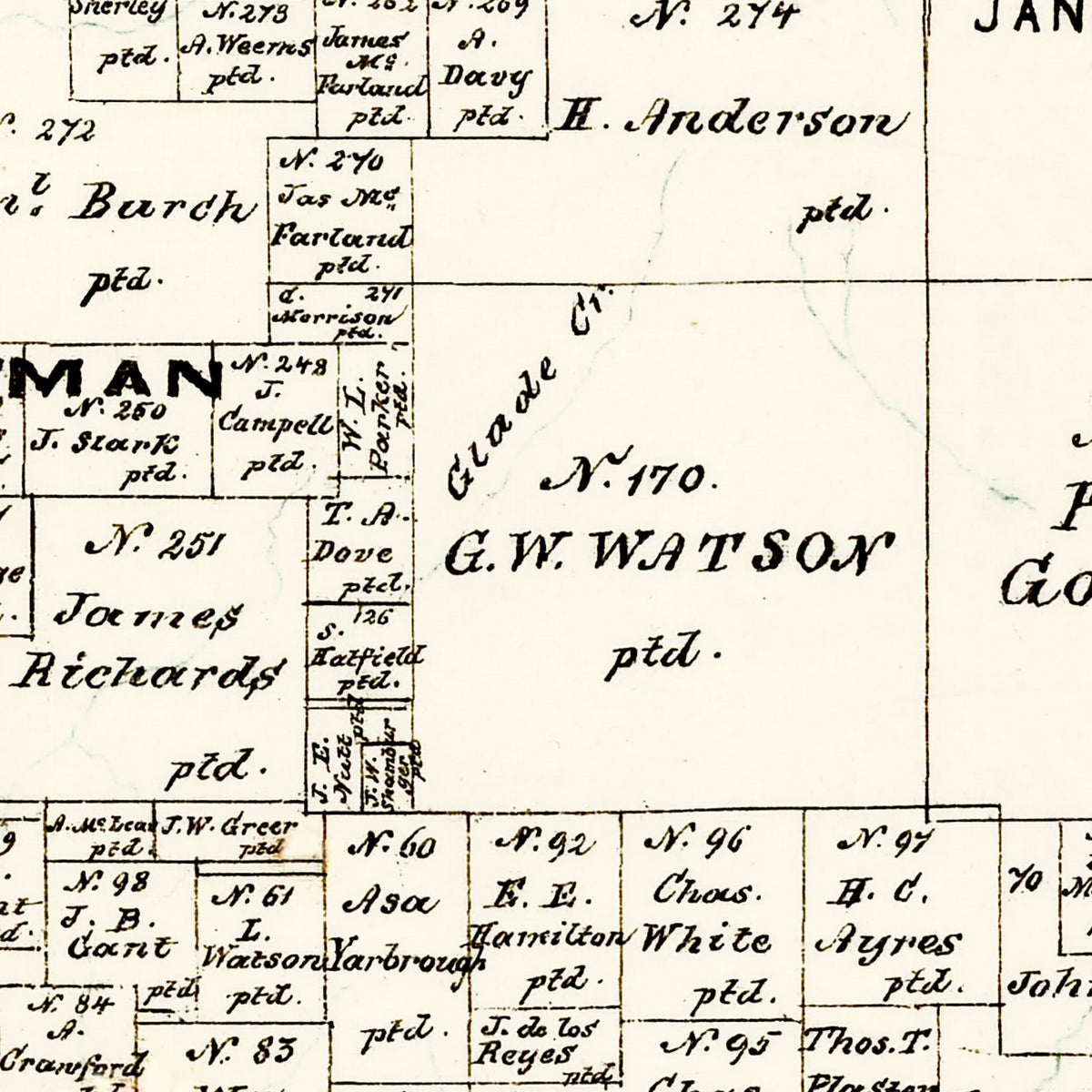 Restored historic details from the 1877 county map of Wood County, Texas