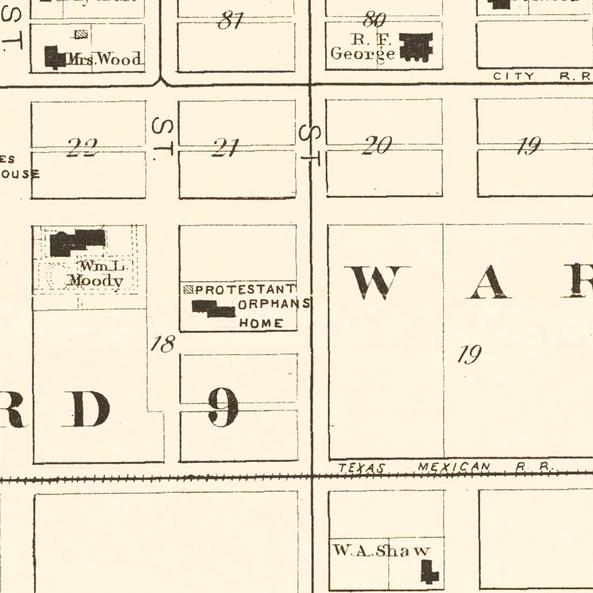 Restored historic details from the 1889 city map of Galveston, Texas