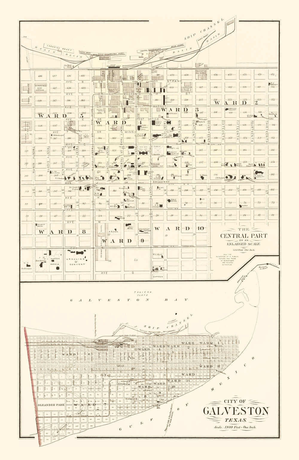 Vintage Map of Galveston, Texas 1889 print style example