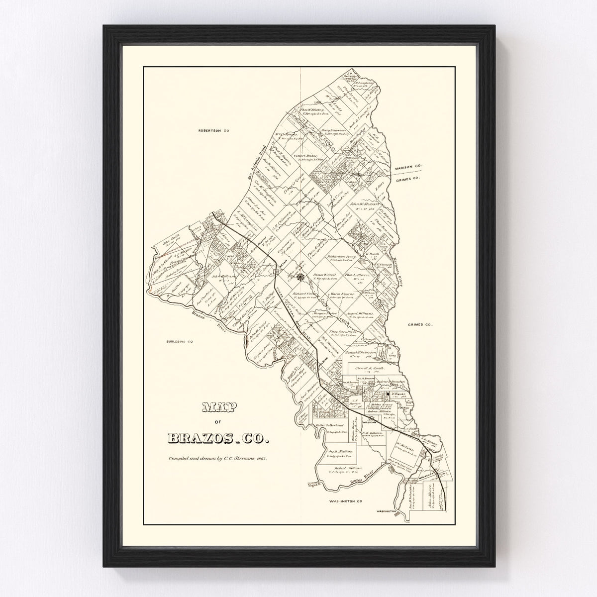 Brazos County Vintage Map 1867