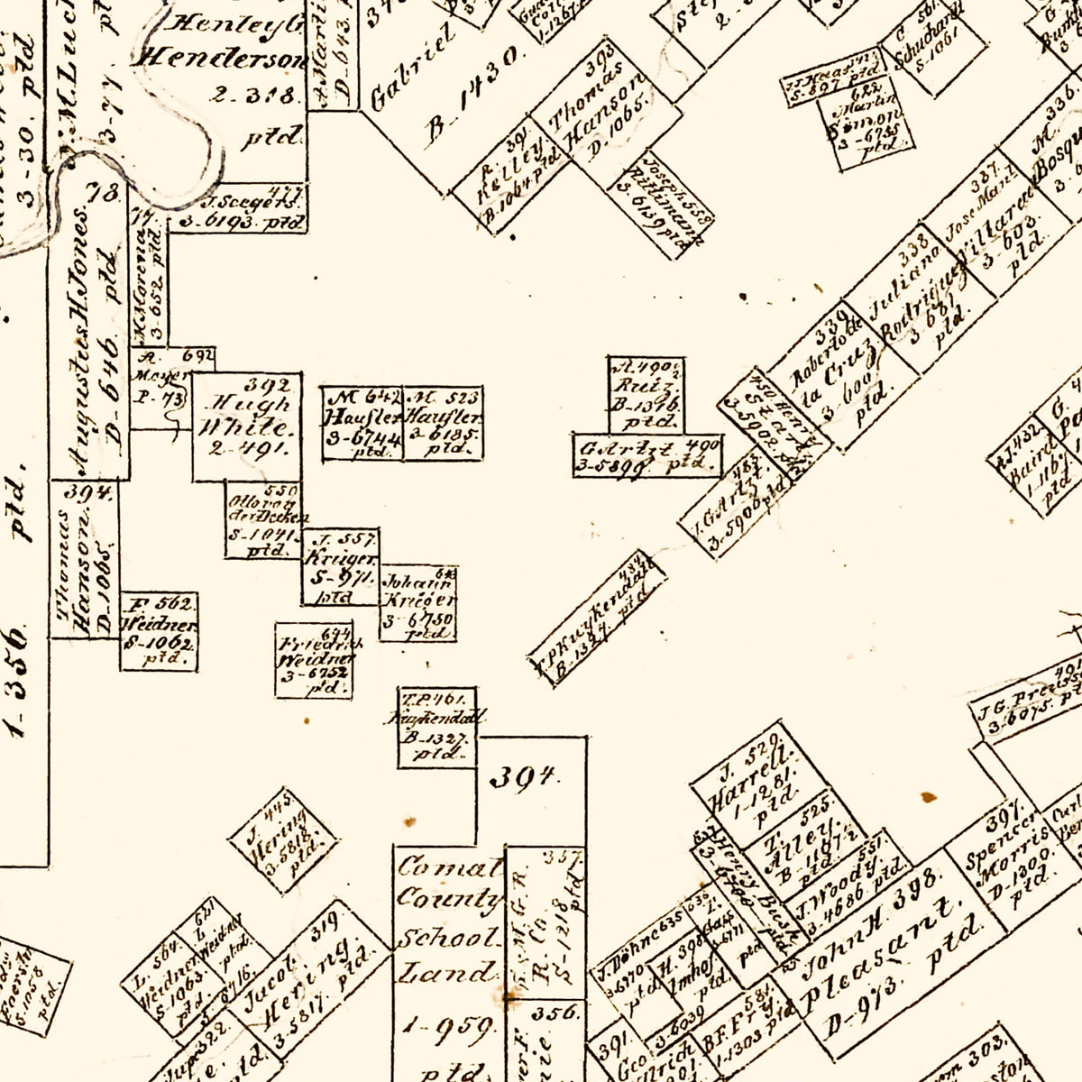 Restored historic details from the 1862 county map of Comal County, Texas