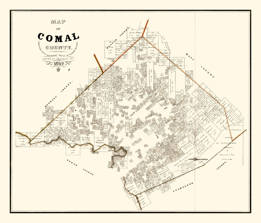 Vintage Map of Comal County, Texas 1862 print style example
