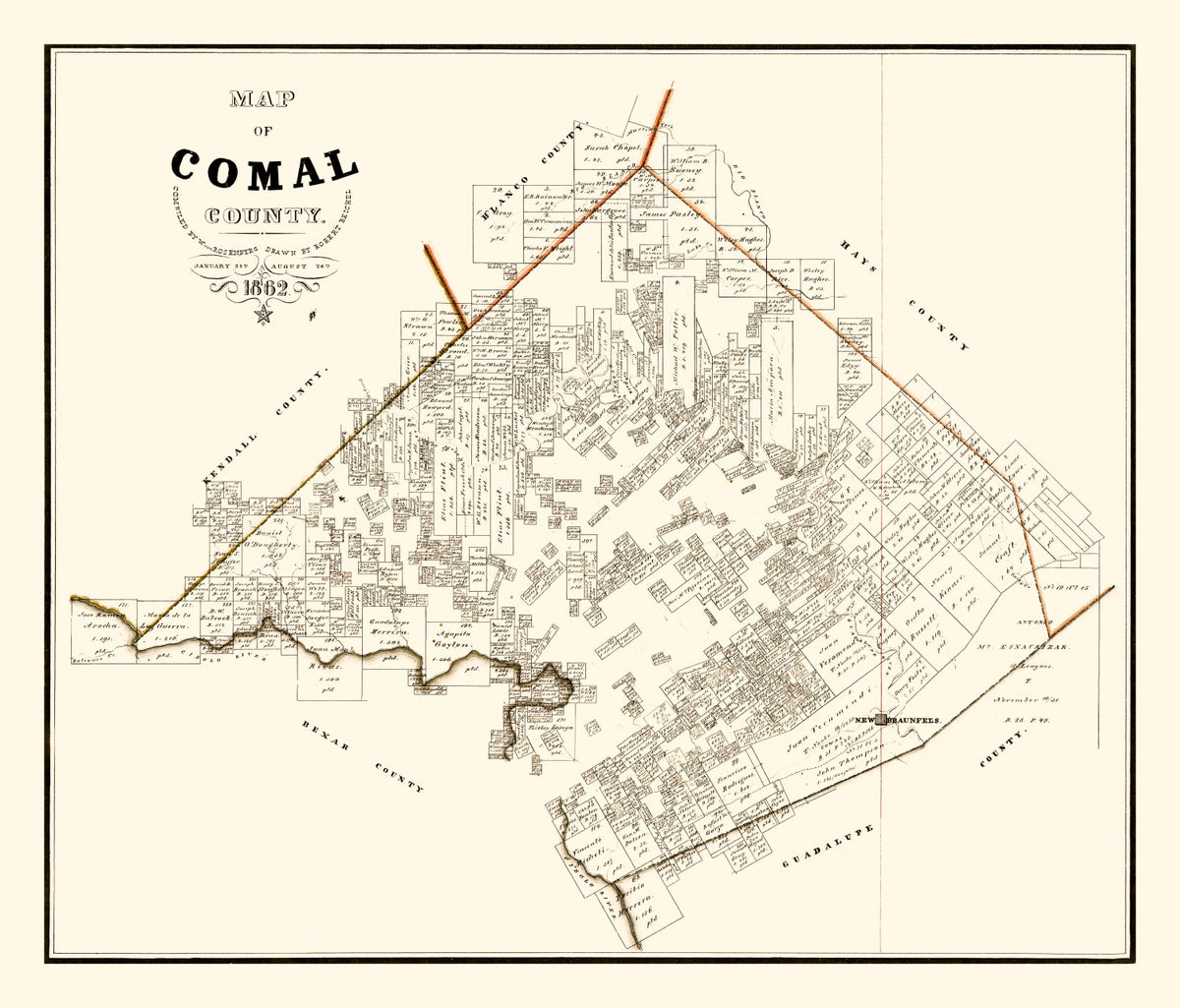 Preview of Vintage Map of Comal County, Texas 1862