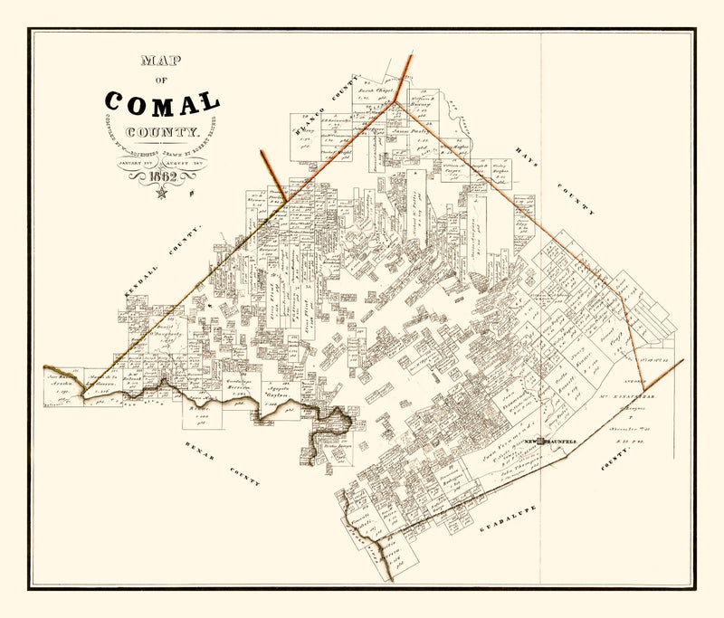 Size comparison using Vintage Map of Comal County, Texas 1862