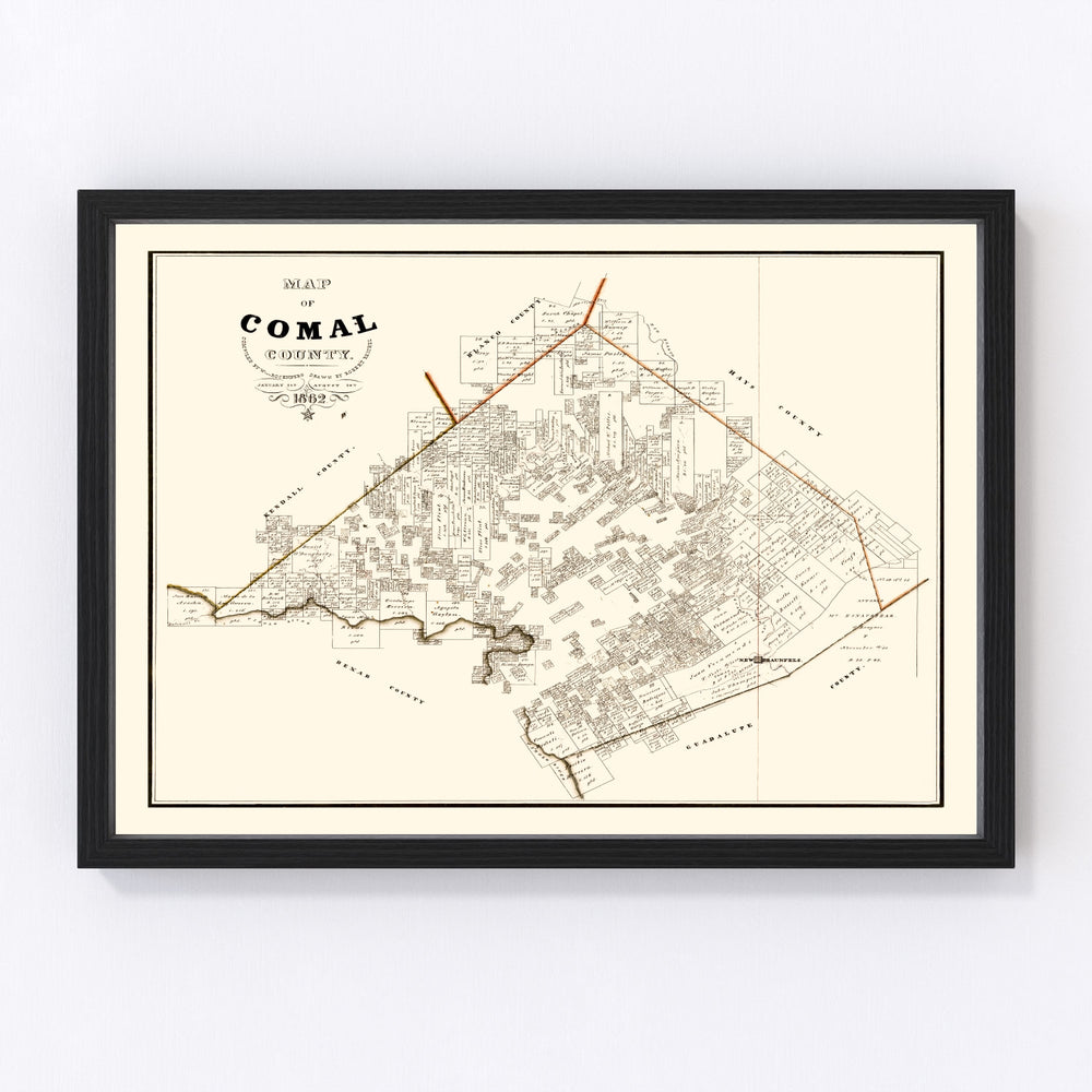 Comal County Vintage Map 1862