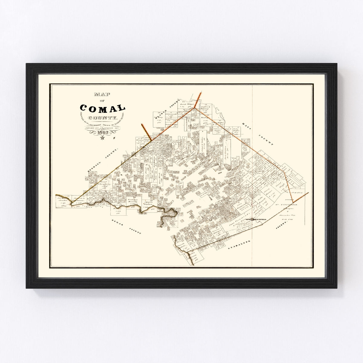 Comal County Vintage Map 1862