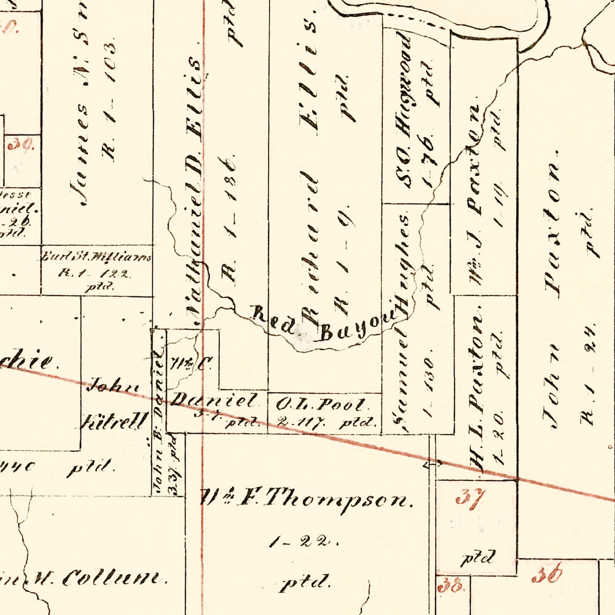 Restored historic details from the 1860 county map of Bowie County, Texas