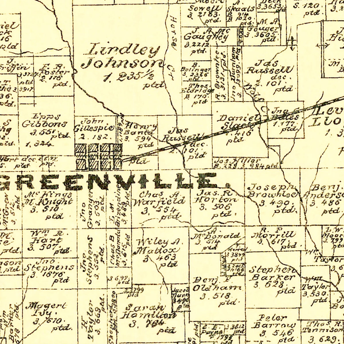Restored historic details from the 1879 county map of Hunt County, Texas
