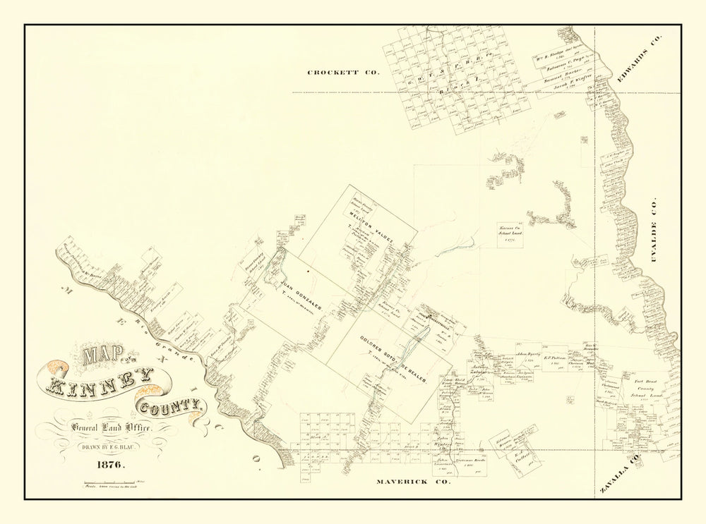 Vintage Map of Kinney County, Texas 1876 print style example
