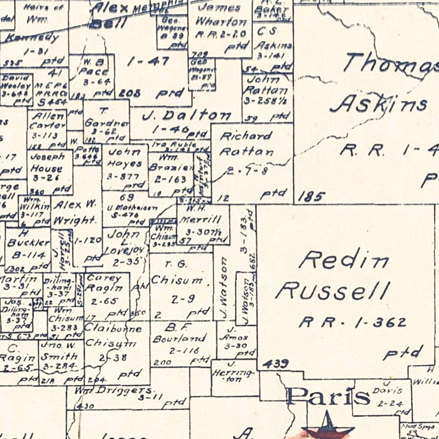 Restored historic details from the 1889 county map of Lamar County, Texas