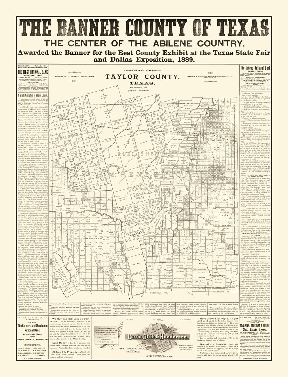 Vintage Map of Taylor County, Texas 1889 print style example