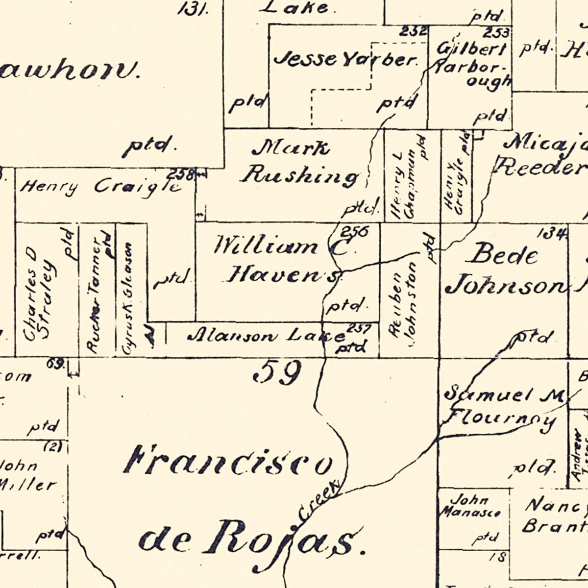 Restored historic details from the 1888 county map of Rains County, Texas