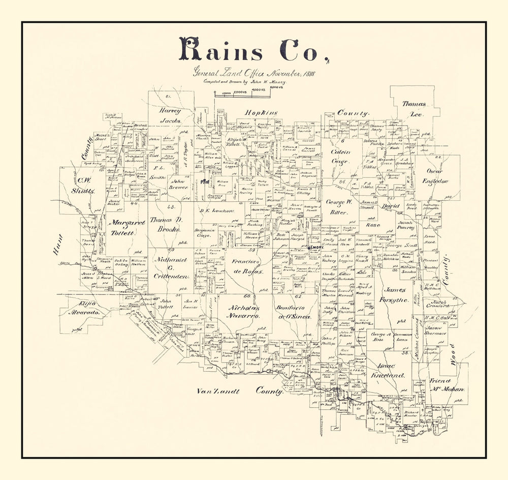 Vintage Map of Rains County, Texas 1888 print style example