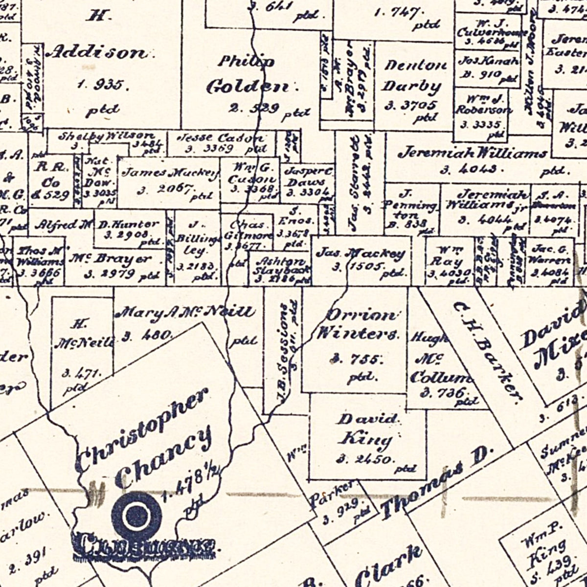 Restored historic details from the 1887 county map of Johnson County, Texas