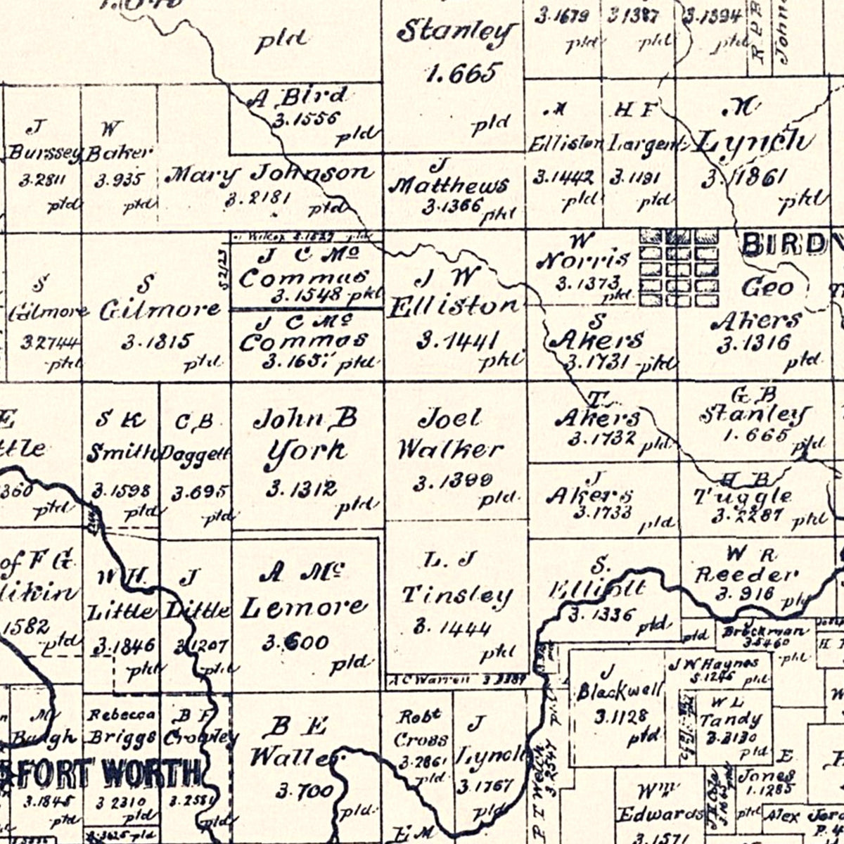 Restored historic details from the 1885 county map of Tarrant County, Texas
