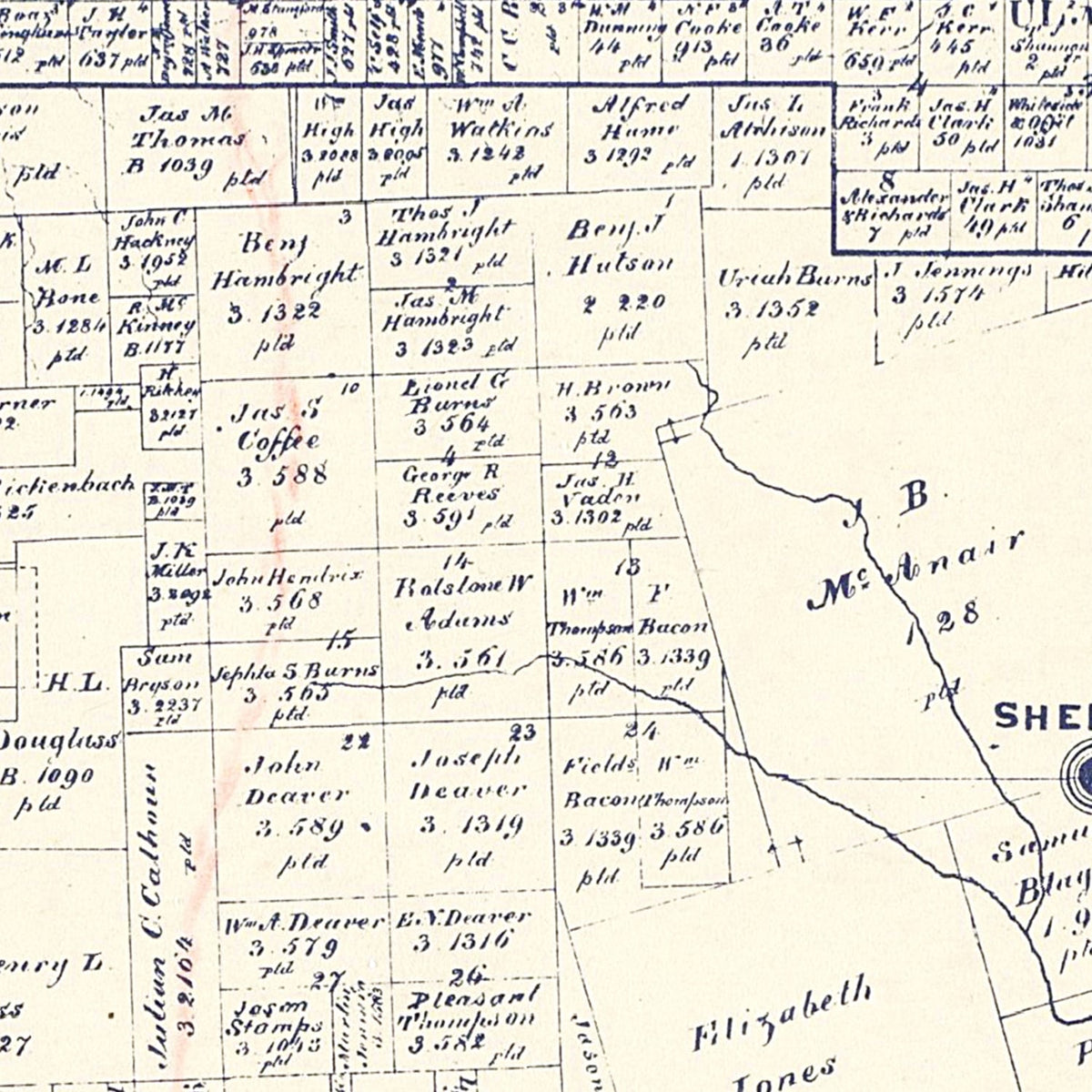 Restored historic details from the 1885 county map of Grayson County, Texas