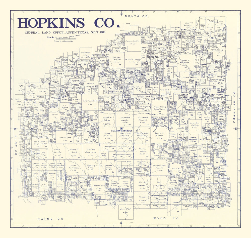Vintage Map of Hopkins County, Texas 1885 print style example