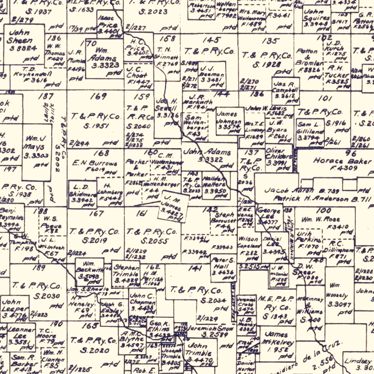 Restored historic details from the 1889 county map of Parker County, Texas