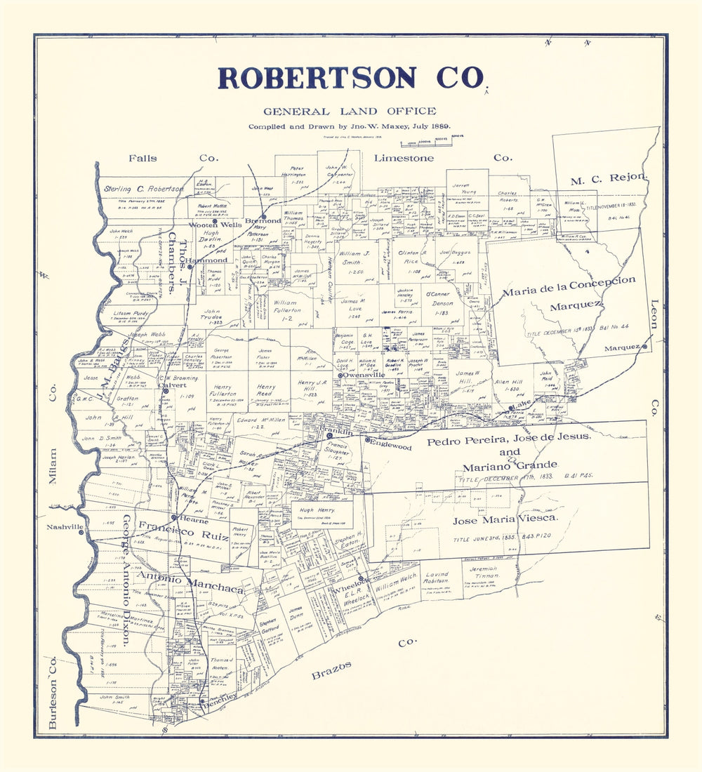 Vintage Map of Robertson County, Texas 1889 print style example