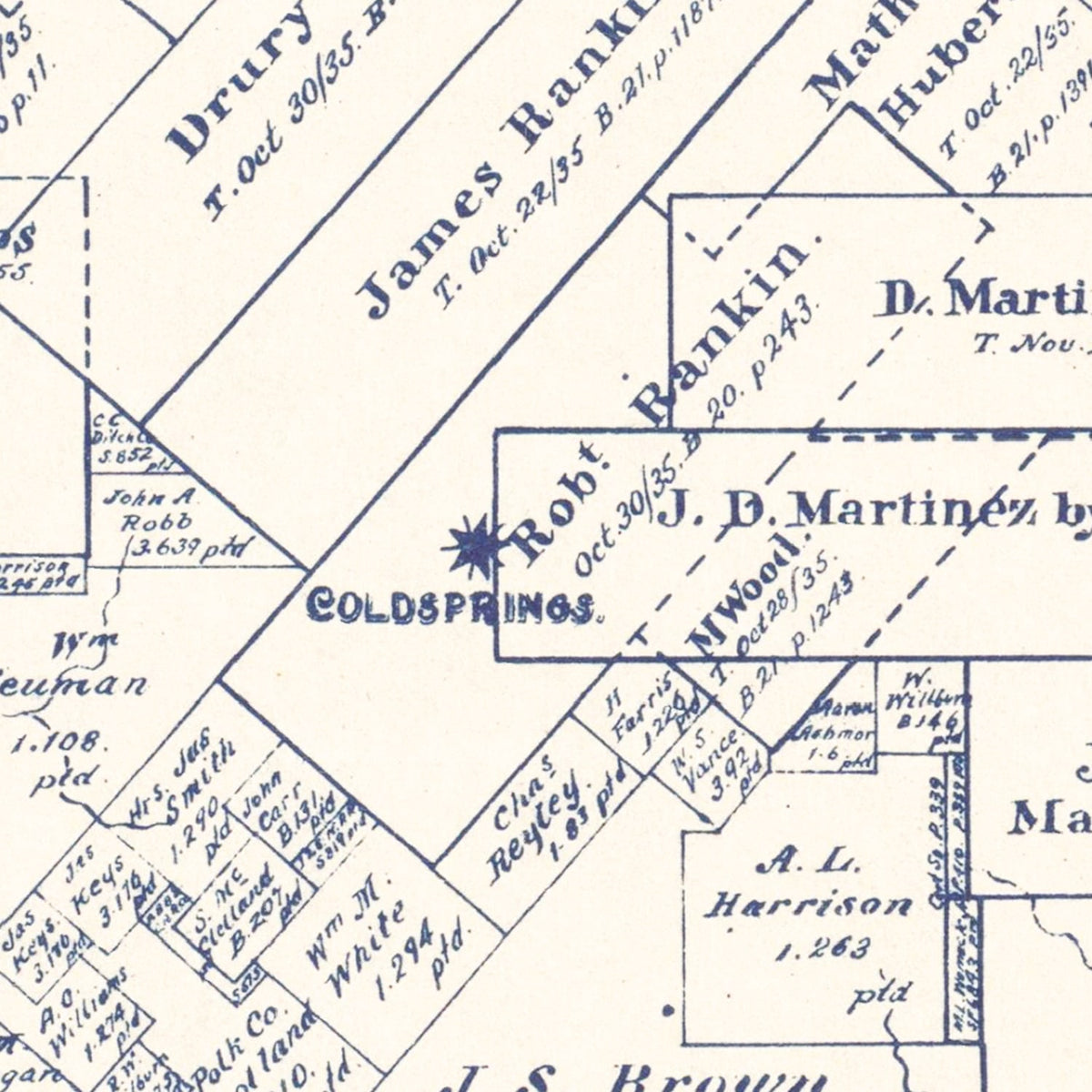 Restored historic details from the 1889 county map of San Jacinto County, Texas