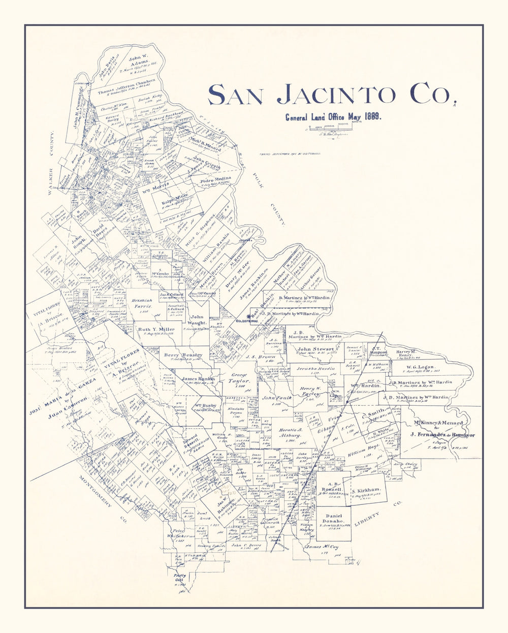 Vintage Map of San Jacinto County, Texas 1889 print style example