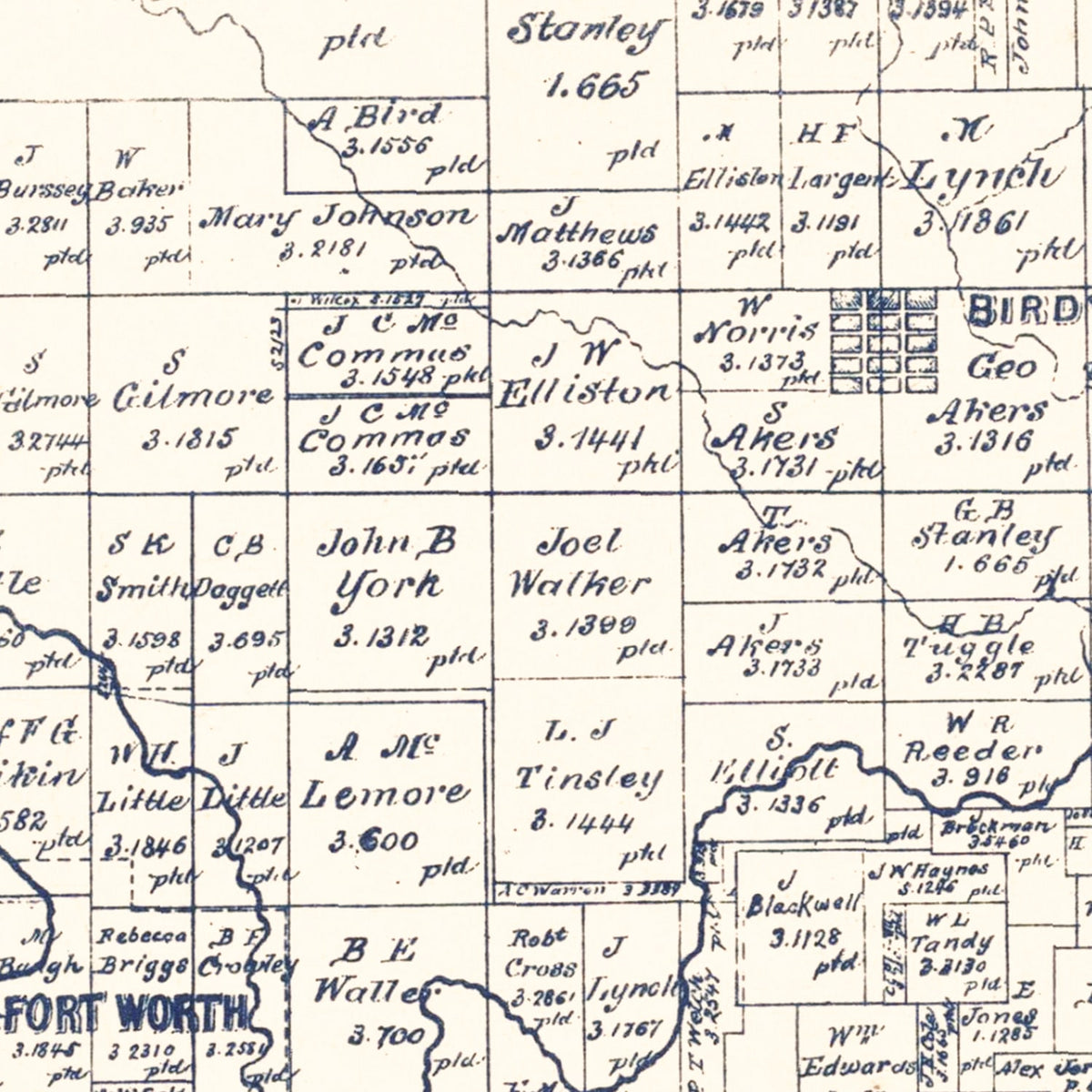 Restored historic details from the 1885 county map of Tarrant County, Texas