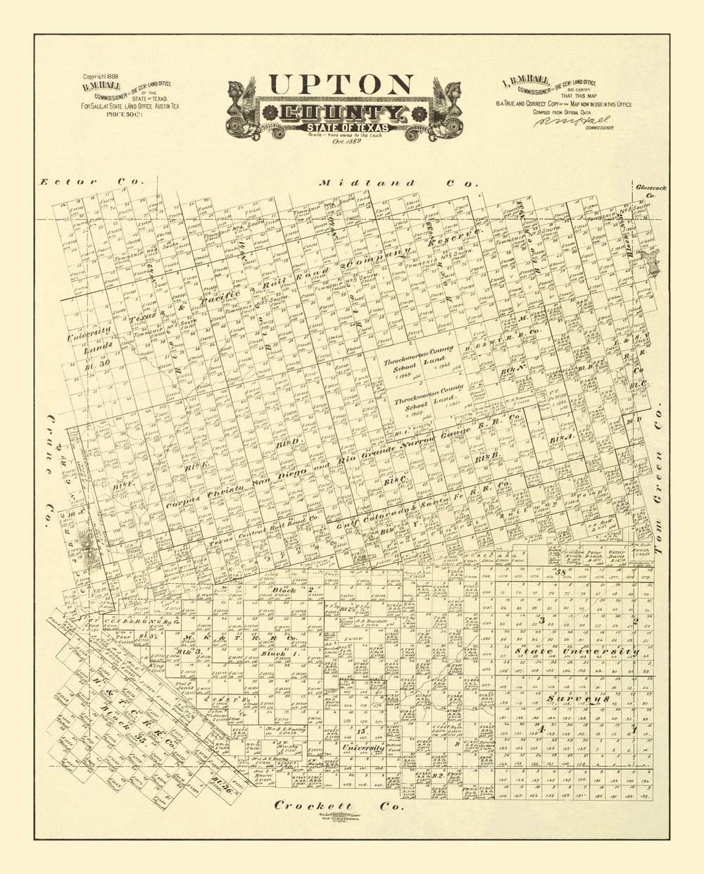 Vintage Map of Upton County, Texas 1889 print style example