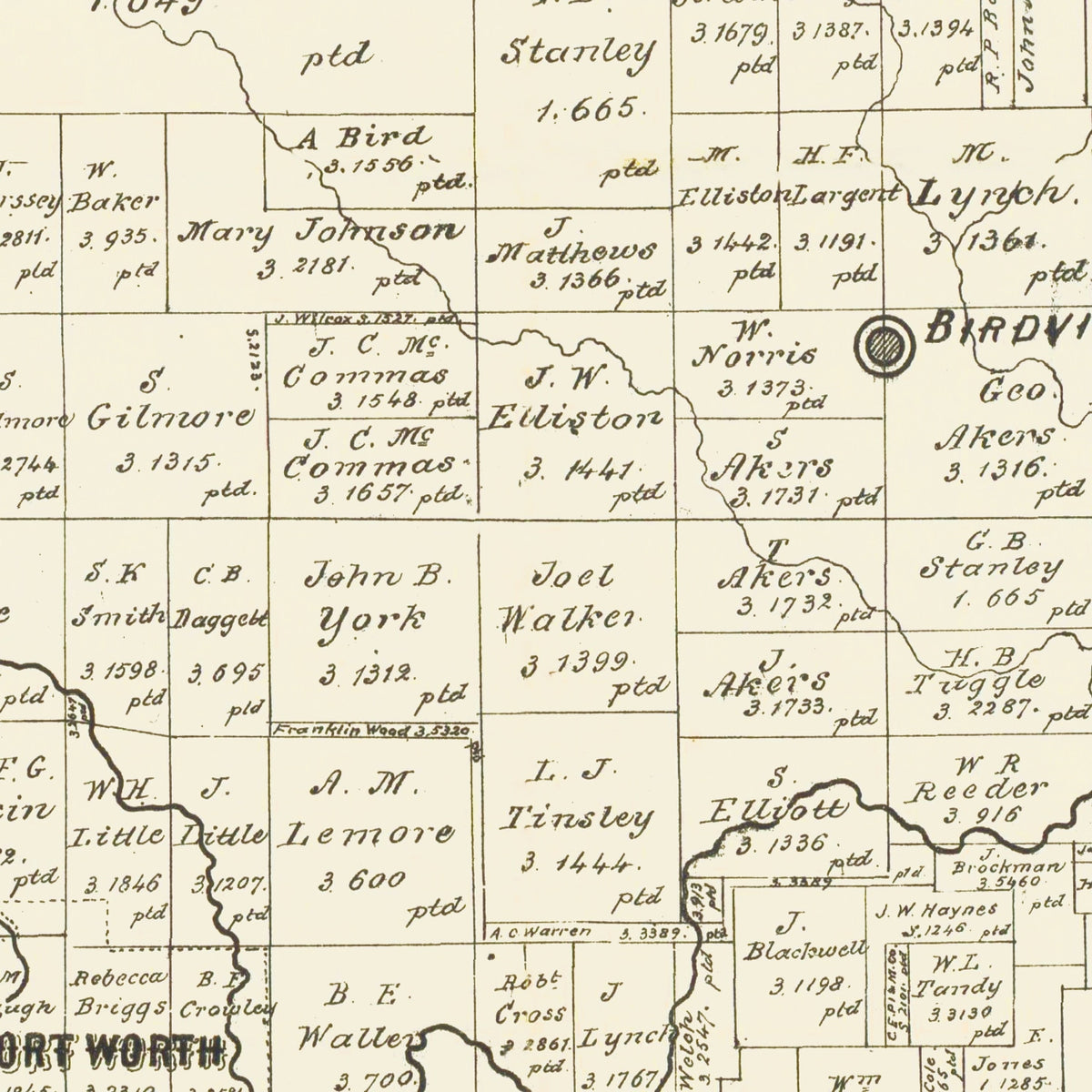 Restored historic details from the 1888 county map of Tarrant County, Texas