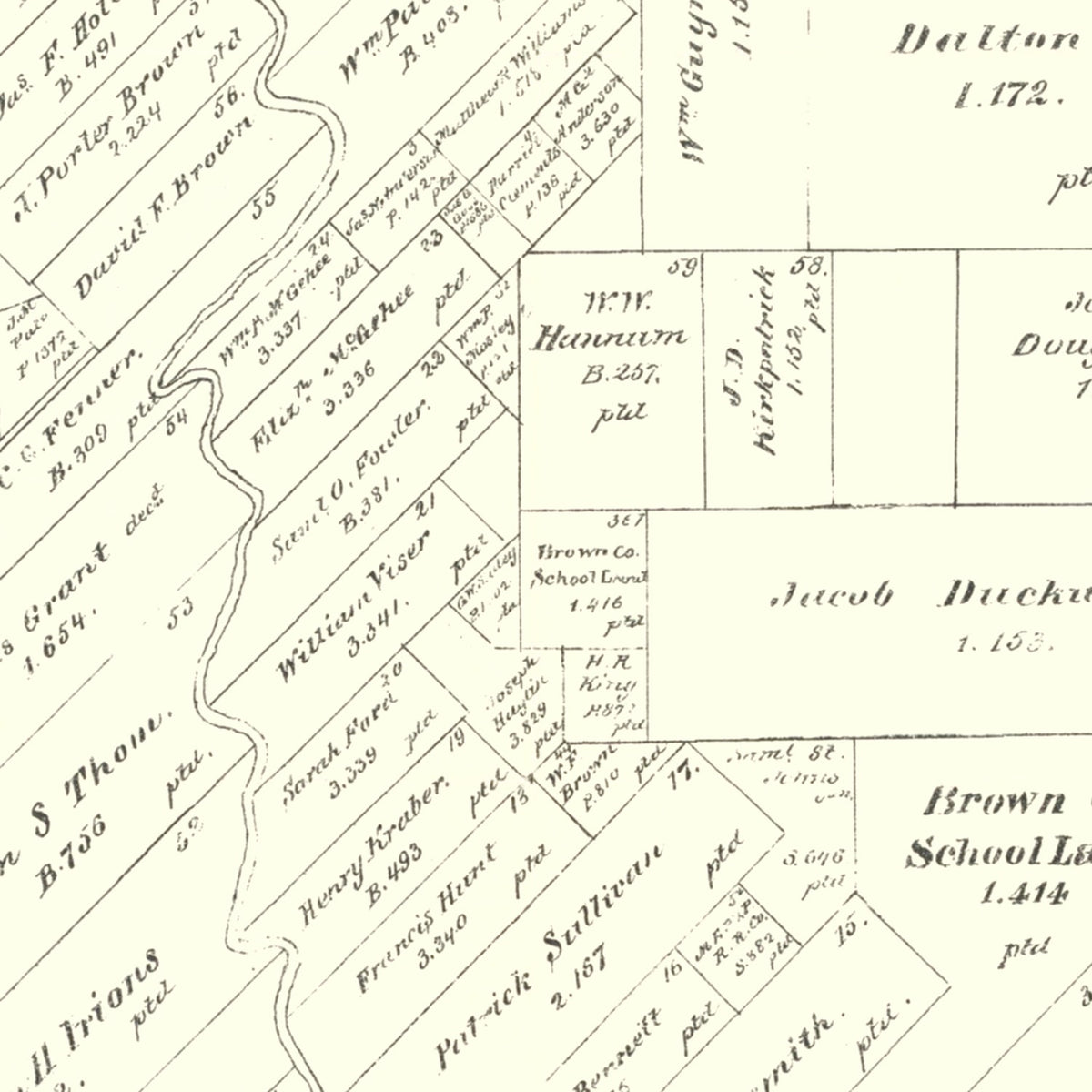 Restored historic details from the 1888 county map of Brown County, Texas