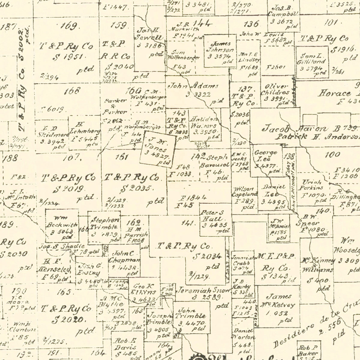 Restored historic details from the 1889 county map of Parker County, Texas