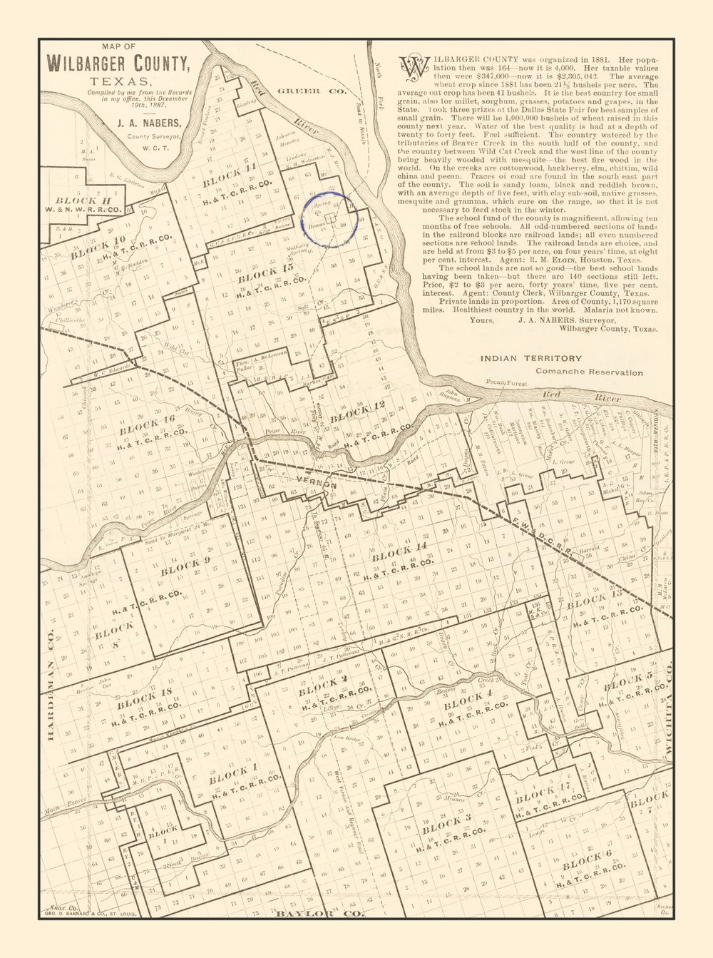 Vintage Map of Wilbarger County, Texas 1887 print style example