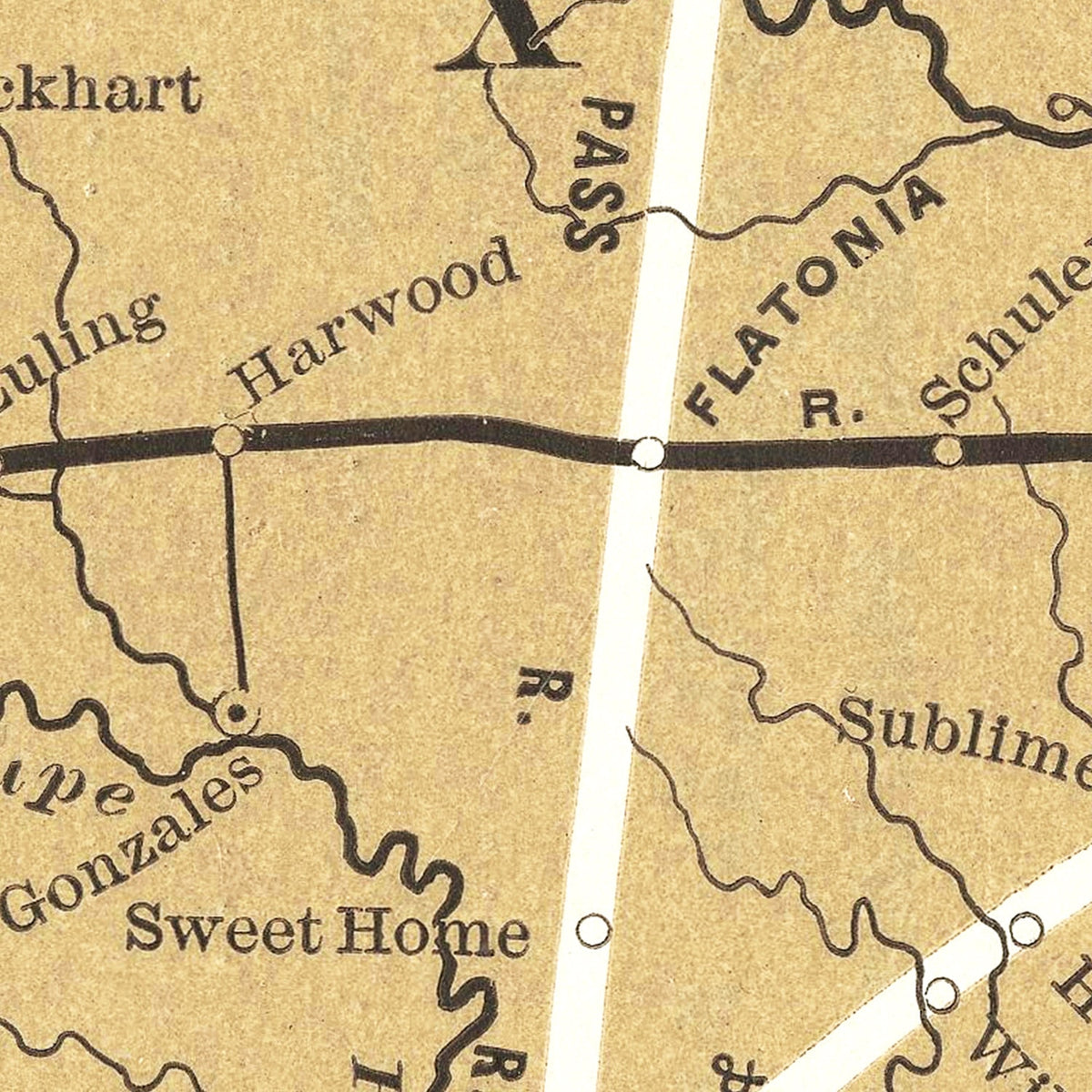 Restored historic details from the 1887 region map of County, Texas