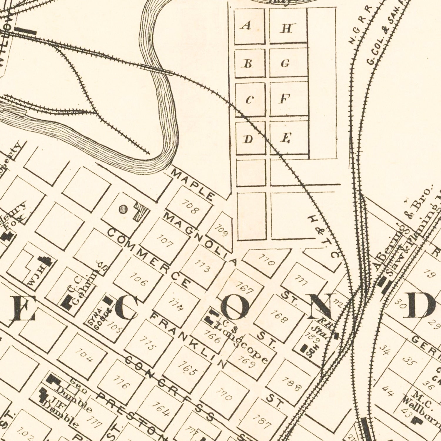 Restored historic details from the 1884 city map of Houston, Texas