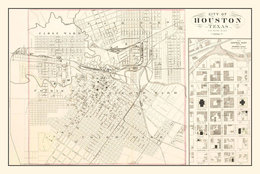Vintage Map of Houston, Texas 1884 print style example