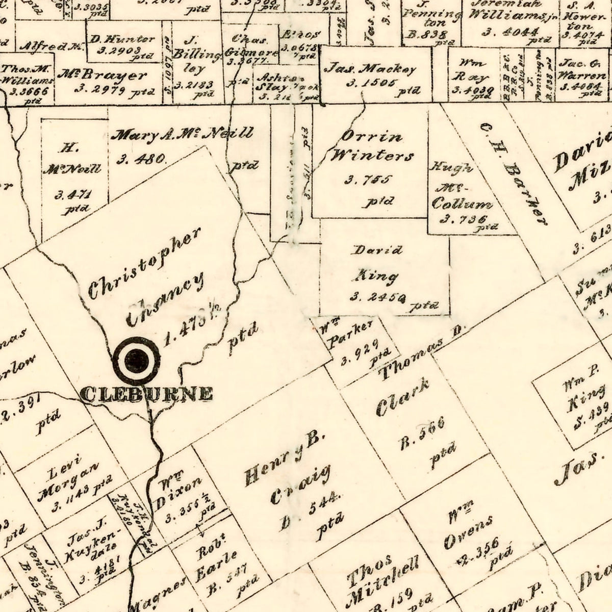 Restored historic details from the 1888 county map of Johnson County, Texas