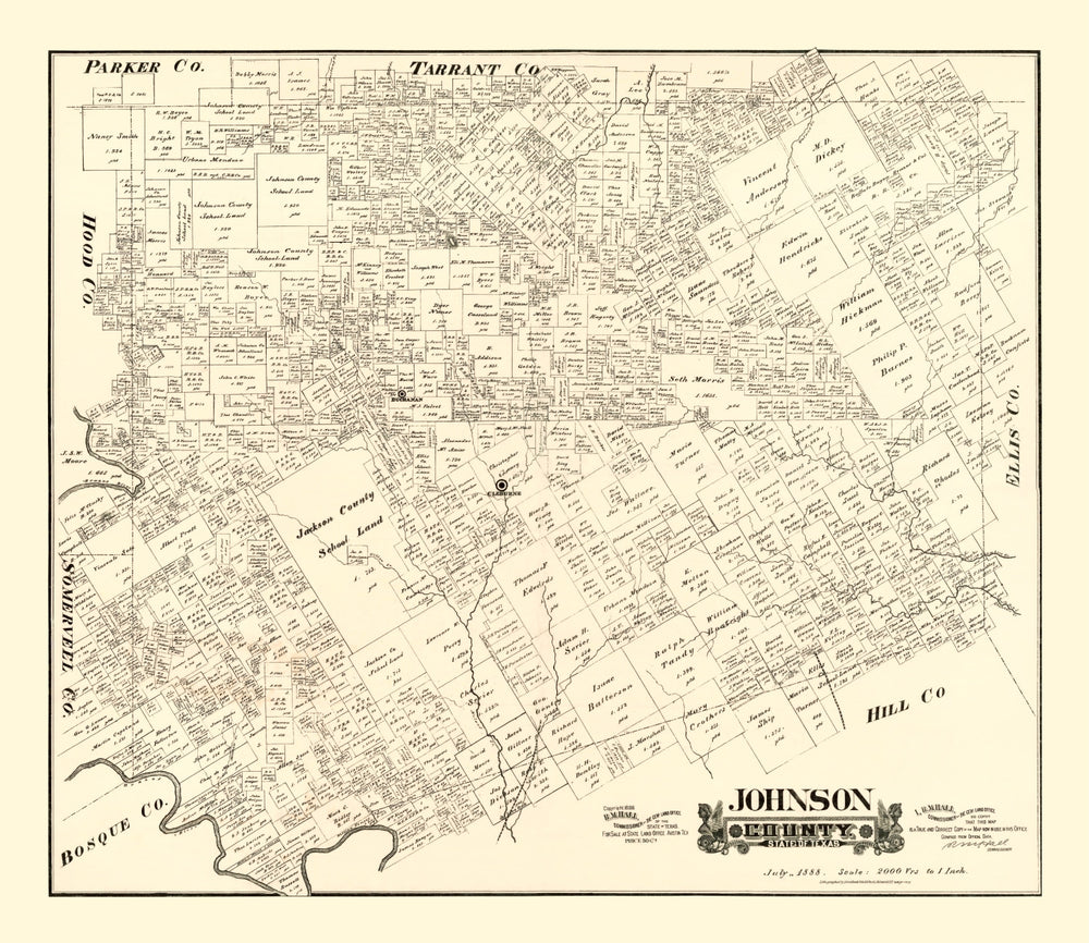 Vintage Map of Johnson County, Texas 1888 print style example