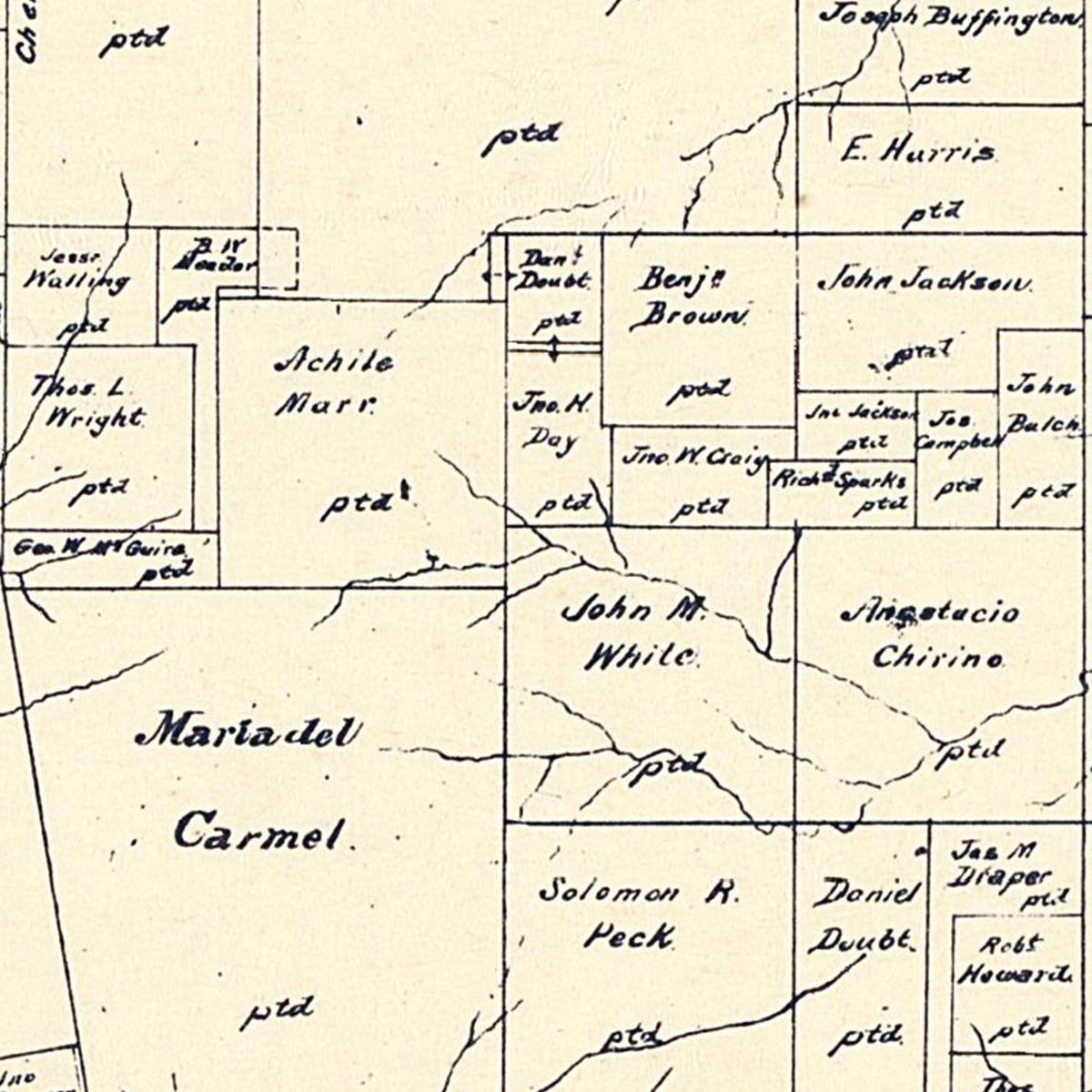 Restored historic details from the 1895 county map of Rusk County, Texas
