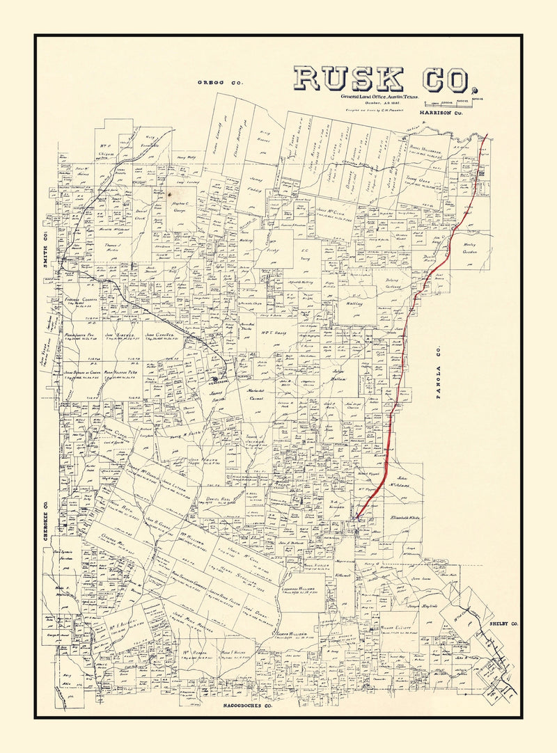 Size comparison using Vintage Map of Rusk County, Texas 1895