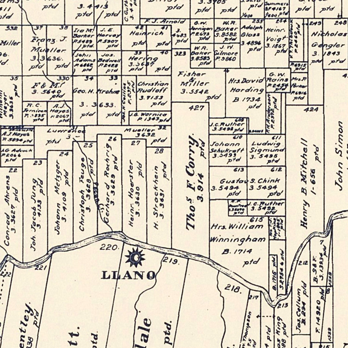 Restored historic details from the 1890 county map of Llano County, Texas