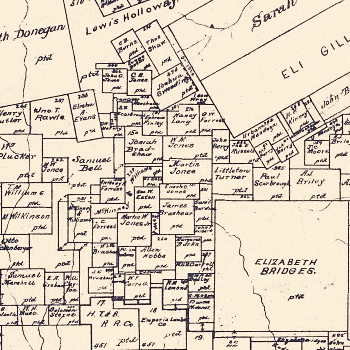 Restored historic details from the 1899 county map of Angelina County, Texas